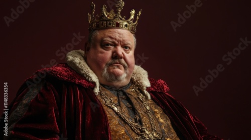 A portly king in a velvet robe and golden crown, serious expression.