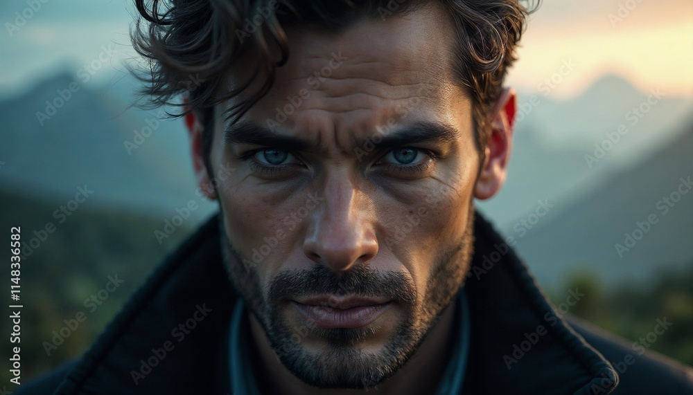 Handsome man with a penetrating gaze captured against a dramatic landscape with mountains and rivers Handsome man with a penetrating gaze captured against a dramatic landscape with mountains and rivers