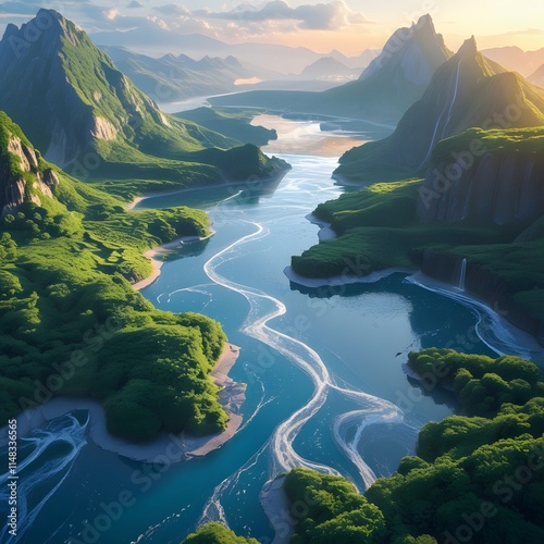 Stunning 4K Landscape of Lush Mountains and Meandering River photo