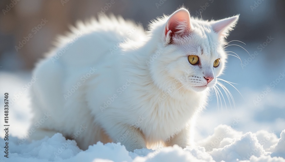 White cat with a curious expression exploring the snow in a winter landscape White cat with a curious expression exploring the snow in a winter landscape