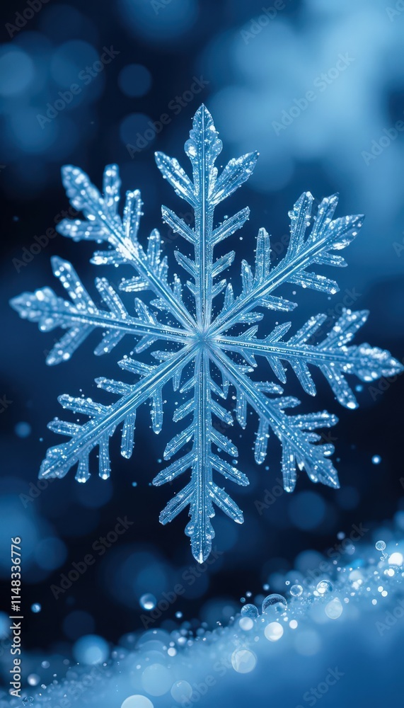 Close-up of a detailed snowflake with icy texture on a blurred blue background. Close-up of a detailed snowflake with icy texture on a blurred blue background.
