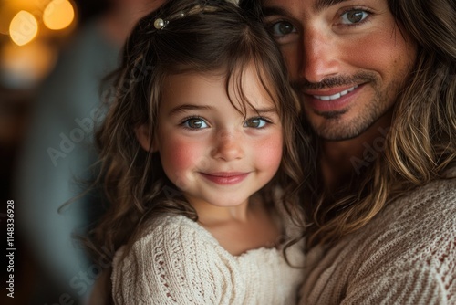 Close-up portrait of a smiling father and daughter.