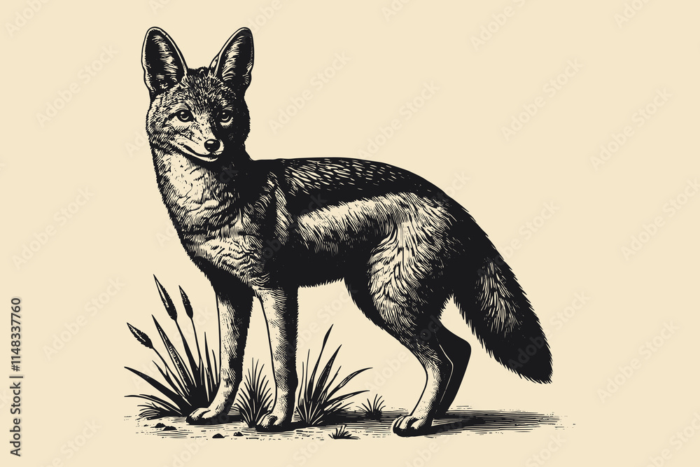 Obraz premium Black and white vintage vector engraving illustration of a jackal