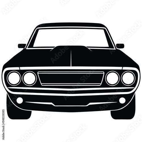 Muscled car front view silhouette on white background