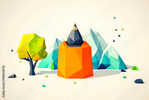 Low-poly pencil, tree, mountains; creative design concept;  white background; illustration. photo