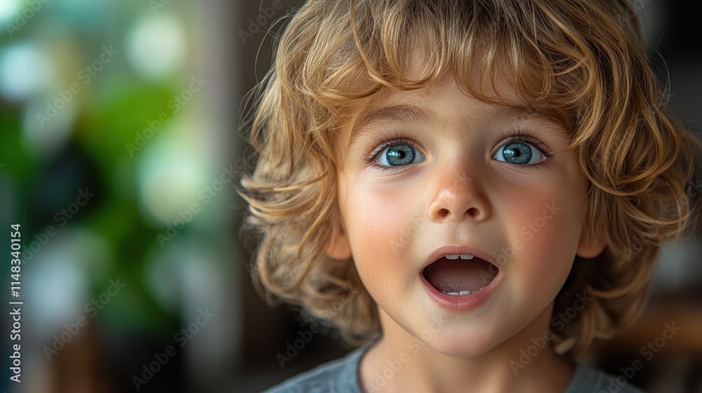 Close-up portrait of a toddler with blond curly hair and big blue eyes, mouth open in surprise or amazement. Close-up portrait of a toddler with blond curly hair and big blue eyes, mouth open in surprise or amazement.