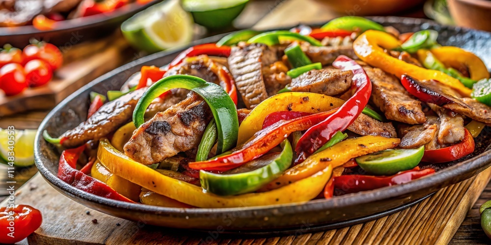 Fototapeta premium Sizzling Fajitas: Close-up Photo with Bokeh, Grilled Peppers & Onions
