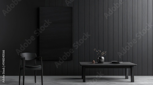 Dark monochrome interior with black chair, table, and canvas mockup against a dark wood wall. photo