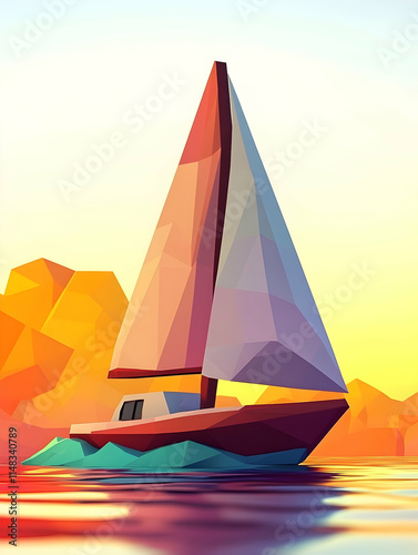 Low-poly sailboat sunset sea travel poster design. photo