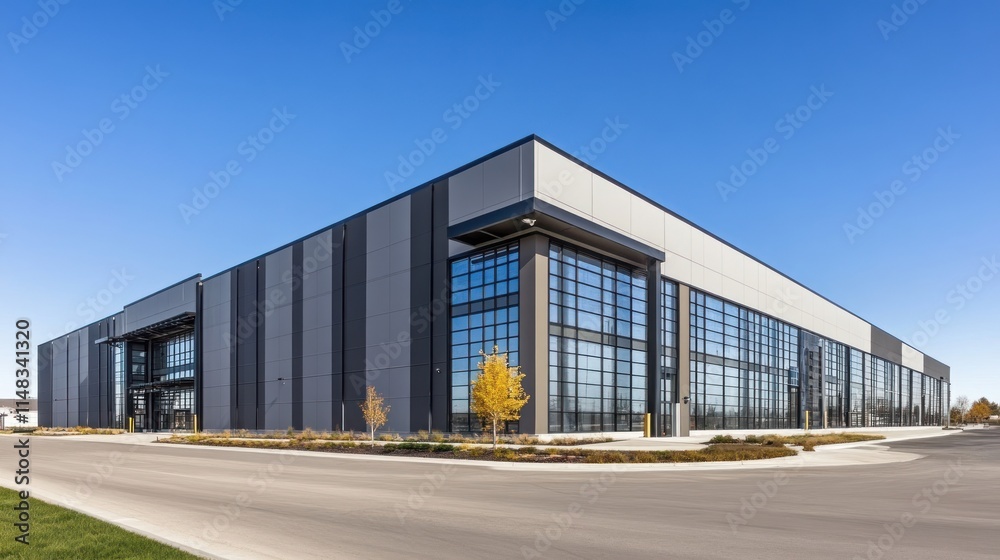 Modern industrial building with large windows and sleek design under a clear blue sky. Modern industrial building with large windows and sleek design under a clear blue sky.