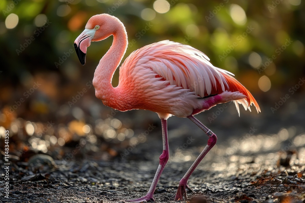 Fototapeta premium Pink flamingo standing on ground, sunlit feathers, blurred background.