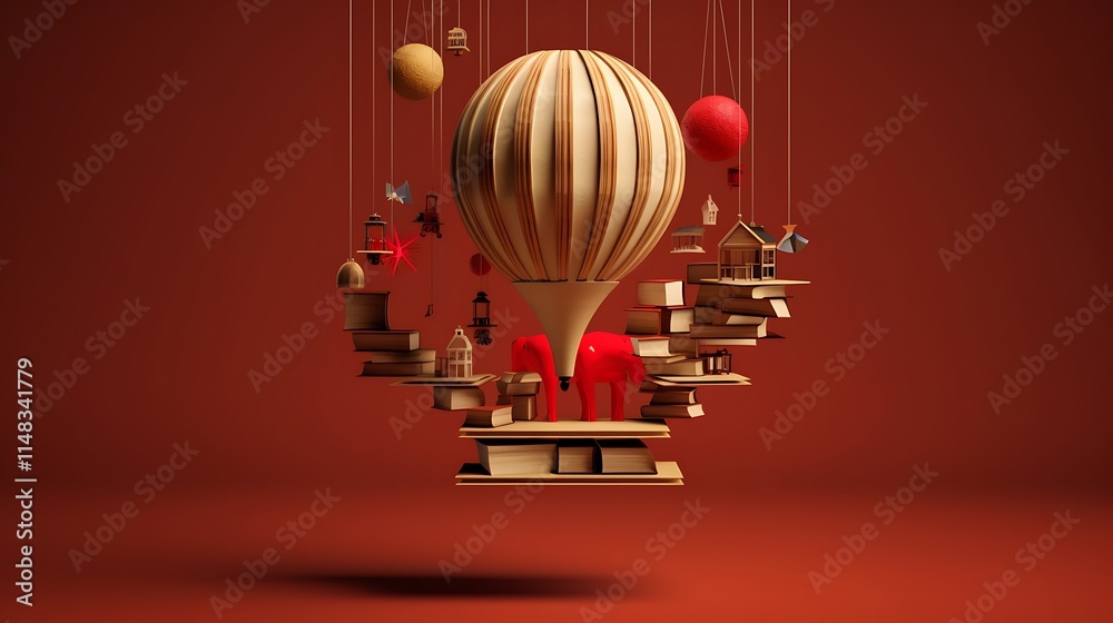 Obraz premium A whimsical hot air balloon floats above stacked books