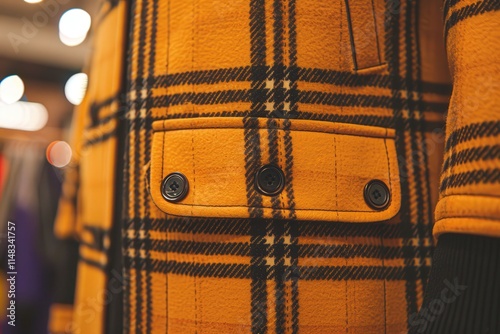 Fashionable yellow plaid coat detail showcase urban boutique clothing photography trendy environment close-up view style inspiration photo