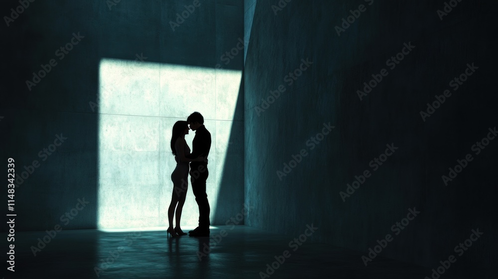 Silhouetted couple embracing in a dark, modern space, illuminated by a single light source. Silhouetted couple embracing in a dark, modern space, illuminated by a single light source.