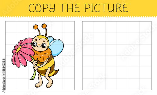 Copy the picture educational game for kids with bee with flower. Cute cartoon bee. Vector illustration.