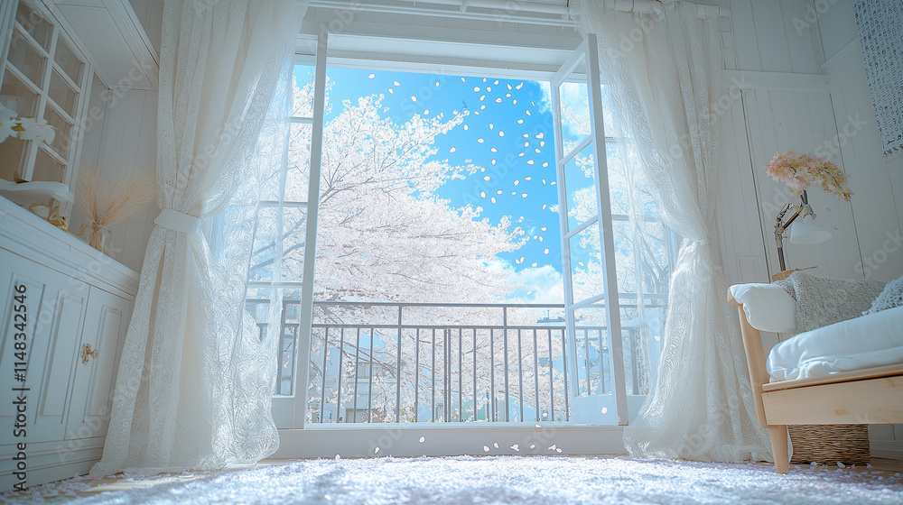 桜の花びらが窓から入る 桜の花びらが窓から入る