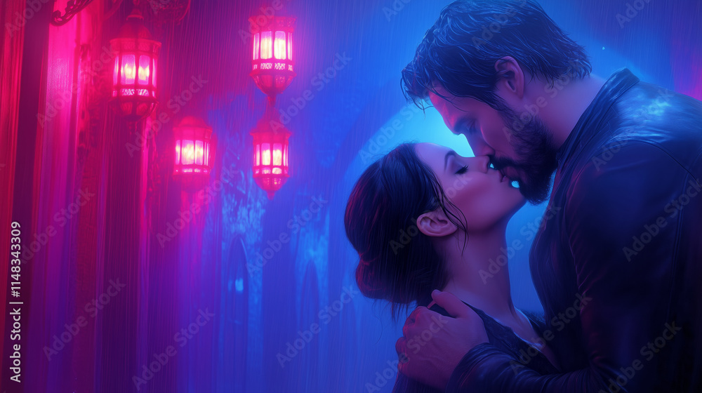 Romantic kiss in vibrant colorful lighting at night Romantic kiss in vibrant colorful lighting at night