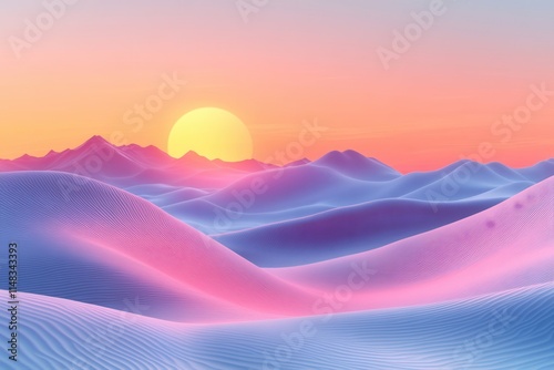 A serene landscape of colorful dunes under a vibrant sunset.