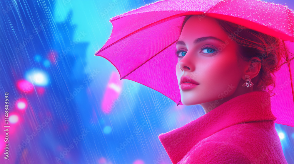 Fototapeta premium Woman with pink umbrella walks in vibrant urban rain