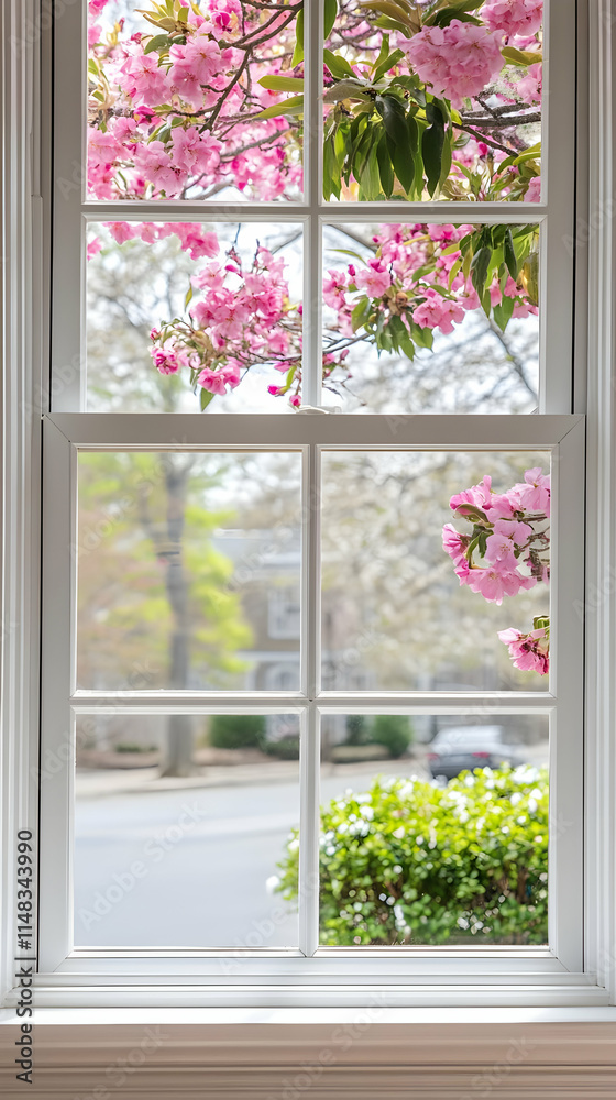 Obraz premium A view from a window showcasing blooming pink flowers and greenery outside.
