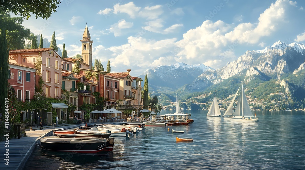 Fototapeta premium Italian Lakeside Village with Boats and Majestic Mountains