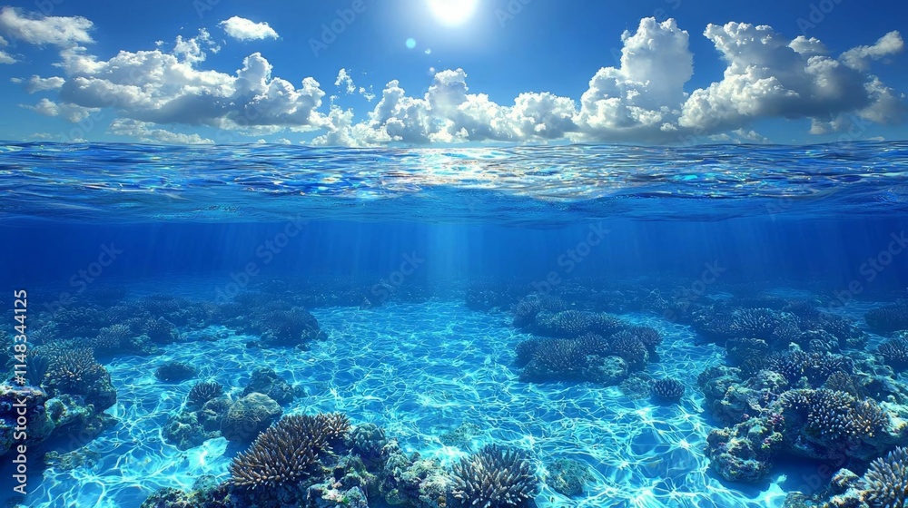 Fototapeta premium Split view horizon of blue sky with clouds and sunlight and blue underwater ocean