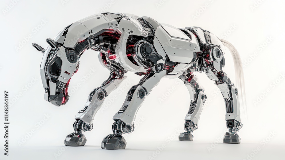 Futuristic robotic horse, white and red, standing on a white background. Futuristic robotic horse, white and red, standing on a white background.