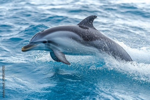 Spotted dolphin surfing in waves in clear blue water , isolated on white background,  , copy space, copy space for text, photo