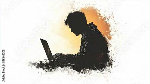 Silhouette of a Woman Typing on Laptop in an Office Setting Vector Illustration