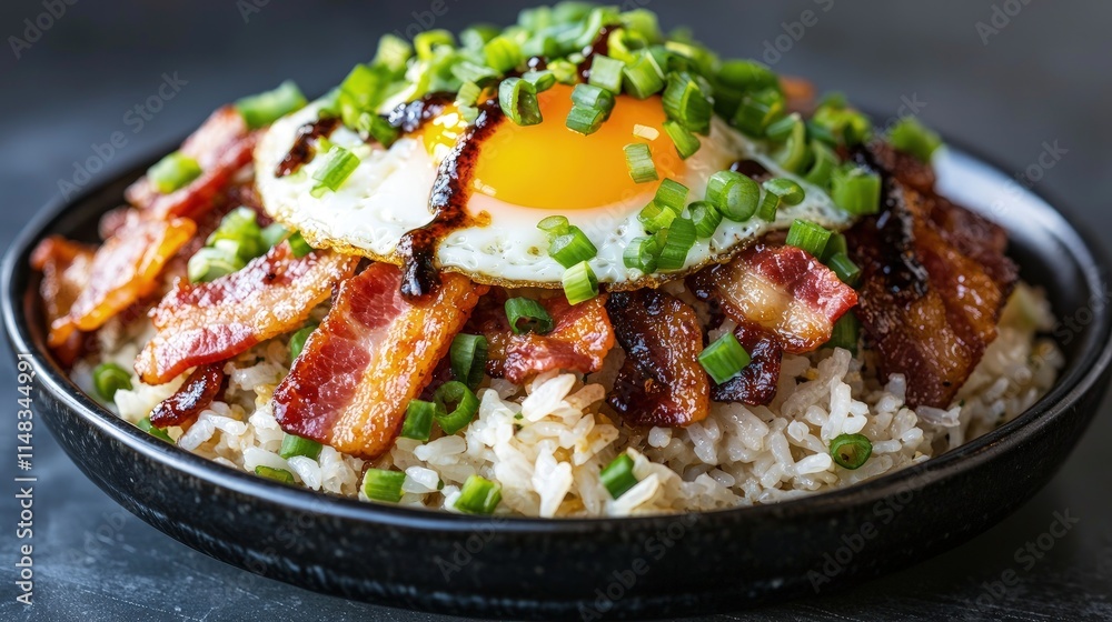 Fried egg atop bacon and rice, garnished with green onions and a dark sauce. Fried egg atop bacon and rice, garnished with green onions and a dark sauce.