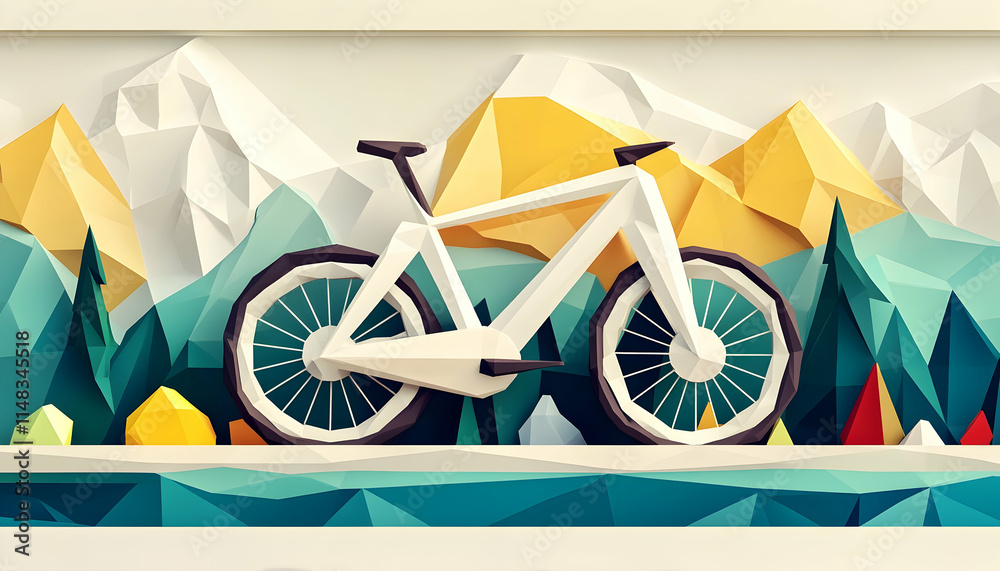 Naklejka premium Low-poly white bicycle mountain landscape illustration.
