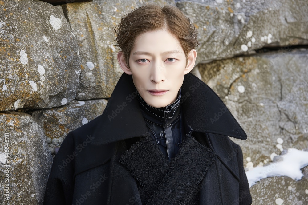 Eerie portrait of a mysterious figure rocky terrain fashion photography winter landscape dramatic angle dark aesthetic Eerie portrait of a mysterious figure rocky terrain fashion photography winter landscape dramatic angle dark aesthetic