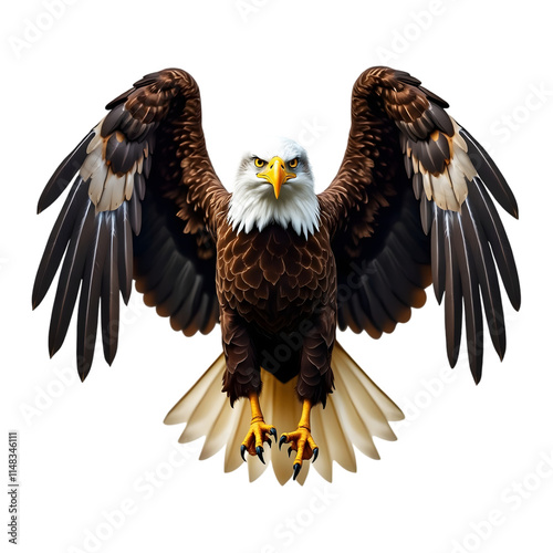 A powerful bald eagle with wings spread on a transparent background