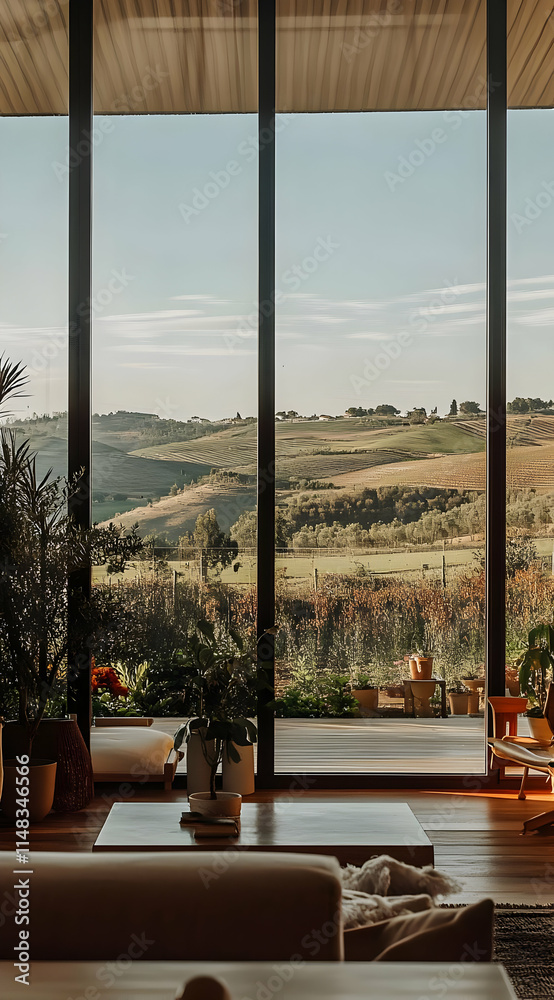 Fototapeta premium A serene view through large windows showcasing rolling hills and greenery.