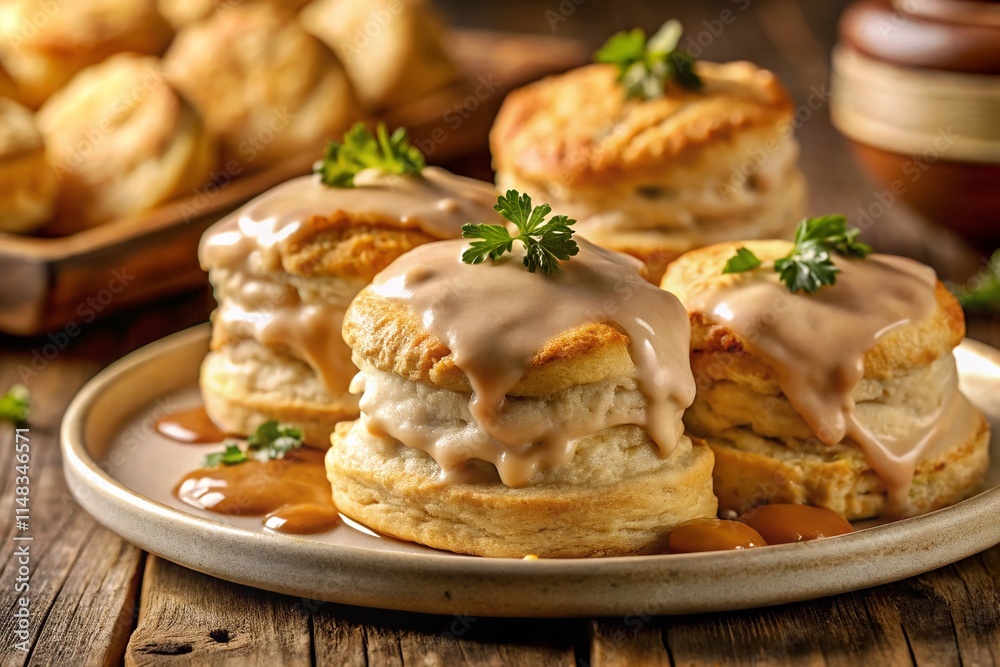 Southern Style Biscuits and Gravy Macro Photography - Creamy, Flaky, Buttery