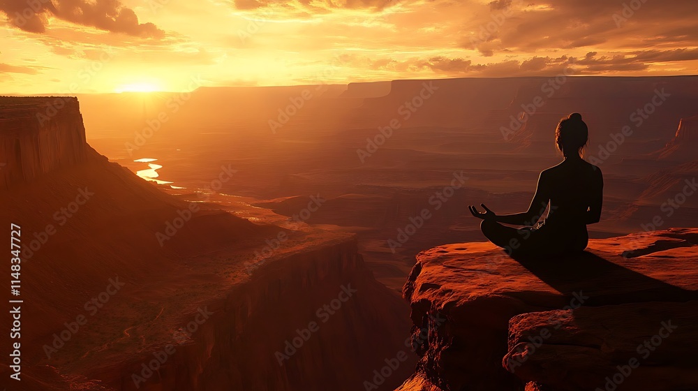 Woman meditates at sunset. Woman meditates at sunset.