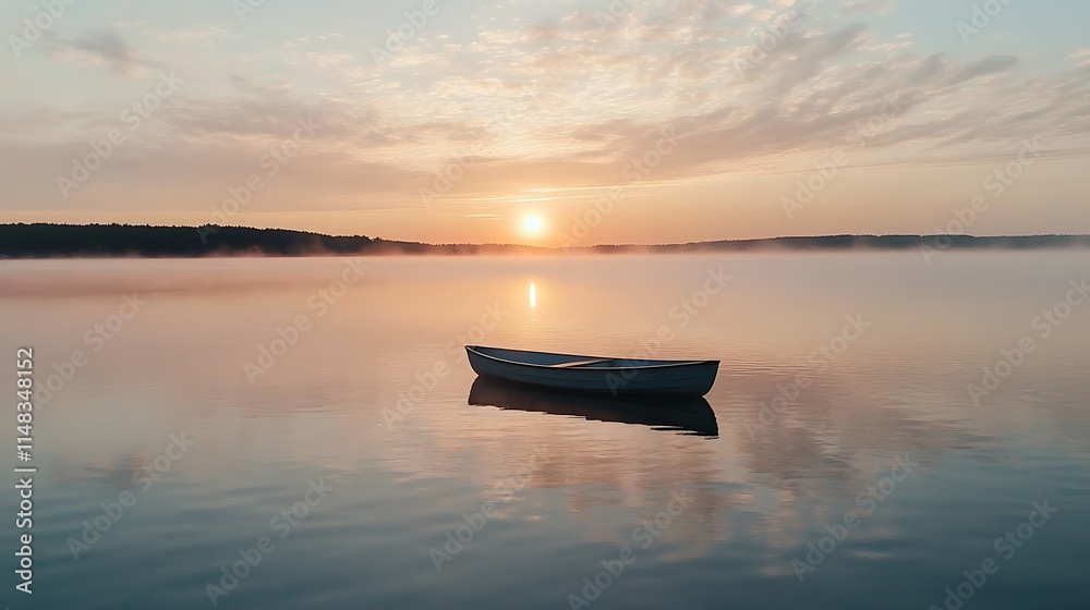 Serene dawn boat on lake. Serene dawn boat on lake.