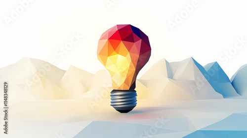 Polygon lightbulb on faceted landscape, concept for ideas. Can be used for business, education, science and graphic projects.