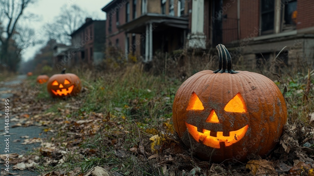 Fototapeta premium Lit jack-o'-lanterns on a spooky, autumnal street.