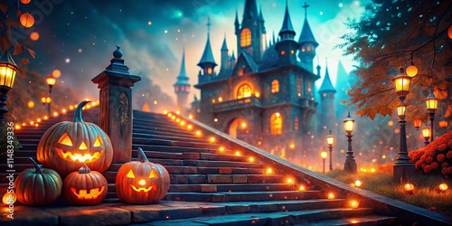 Spooky Castle Stairs Bokeh: Halloween Wallpaper, Banner, Card Design photo