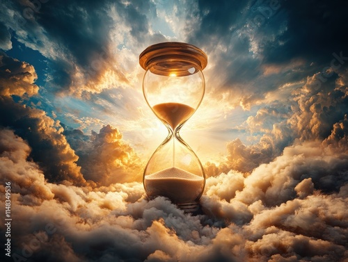 A transparent hourglass in a surreal sky, symbolizing infinite possibilities, offers a captivating glimpse into the flow of time This ethereal image blends the beauty of a golden hour sky with the