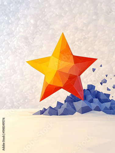 Polygonal star rises from blue fragmented pieces against geometric background. Use design, posters. photo