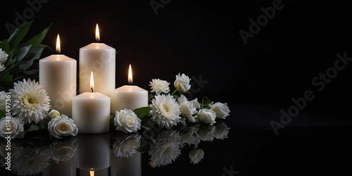 White candles and flowers on black panoramic background with copy space, funeral service, memorial and obituary card
