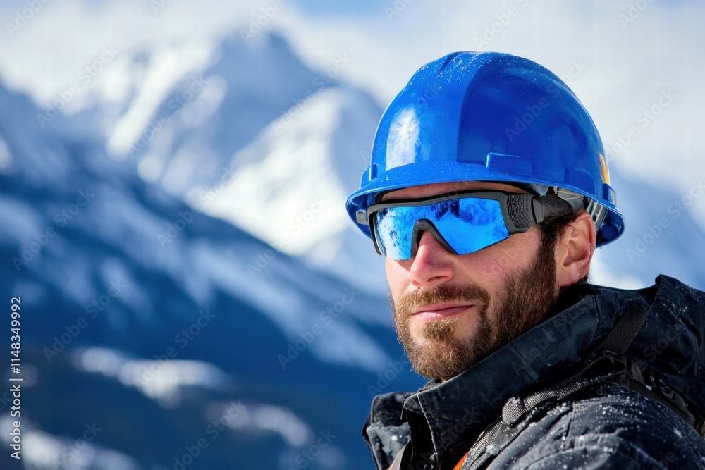 A Caucasian male construction worker wearing a blue helmet and sunglasses against snow-capped mountains.