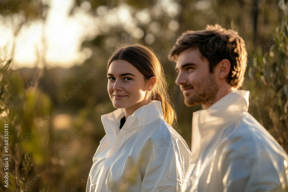 young male and female scientists wearing white hazmat suit standing in woods doing fieldwork study in late afternoon young male and female scientists wearing white hazmat suit standing in woods doing fieldwork study in late afternoon