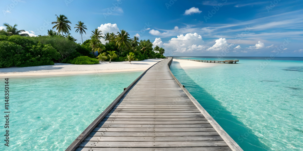 Fototapeta premium Long wooden pier leading to turquoise ocean and tropical beach