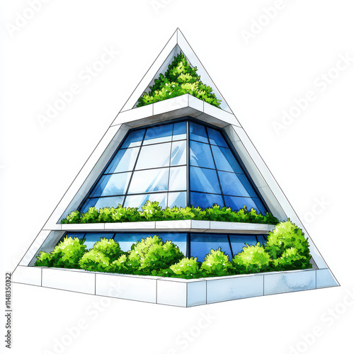 modern triangular building with glass walls and lush greenery. design emphasizes sustainability and contemporary architecture