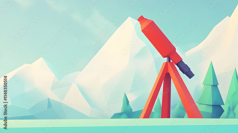 Fototapeta premium Red Telescope Mountain Peak Exploration Low Poly 3D Render.
