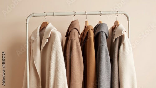 Elegant Coats and Jackets on Display in a Minimalist Locker Room, Neutral Tones and Textured Fabrics Creating a Stylish Ambiance