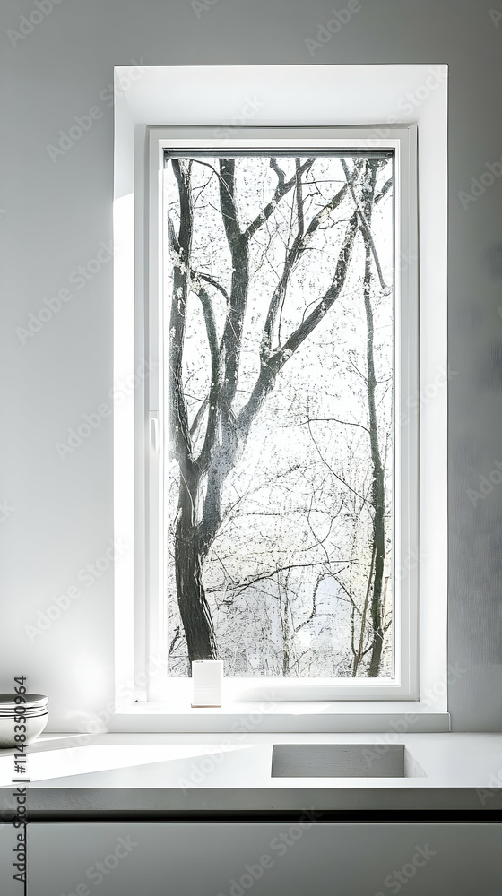 A serene kitchen window view showcasing bare trees in a tranquil setting. A serene kitchen window view showcasing bare trees in a tranquil setting.